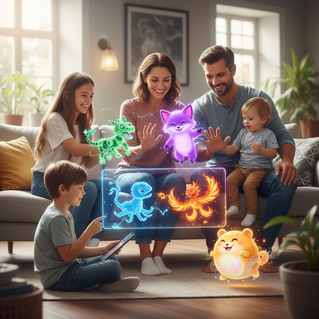 Rodzina korzystająca z wirtualnych zwierząt – wspólna rozrywka i integracja domowa