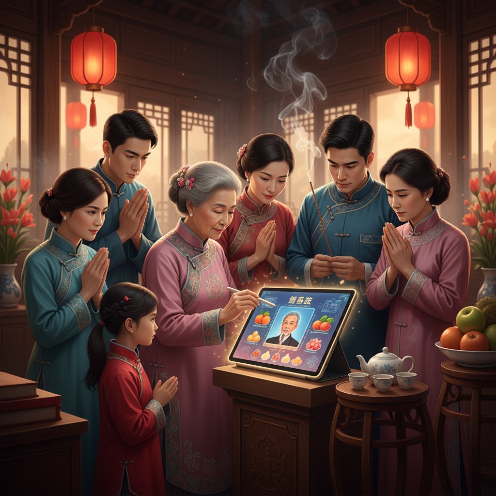 Family gathered around tablet during a memorial, blending traditional rituals with digital remembrance
