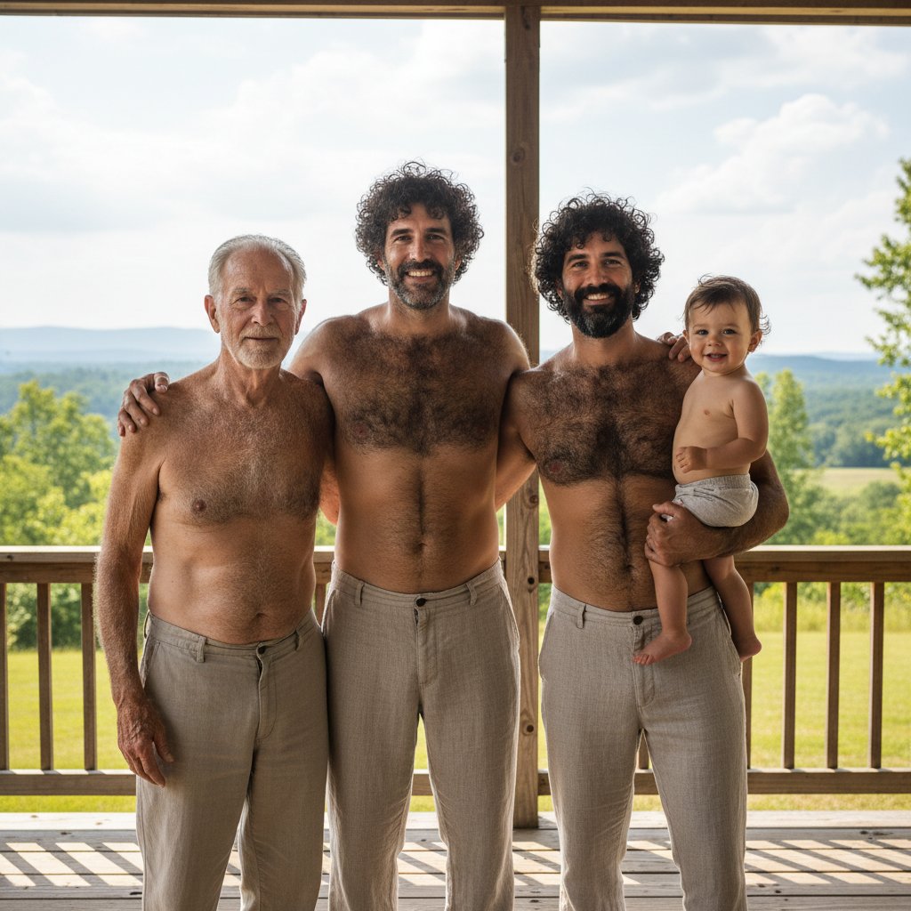 Rodzina różnych pokoleń siedząca razem na kanapie, z widocznymi różnicami w owłosieniu, ilustrująca wpływ genetyki