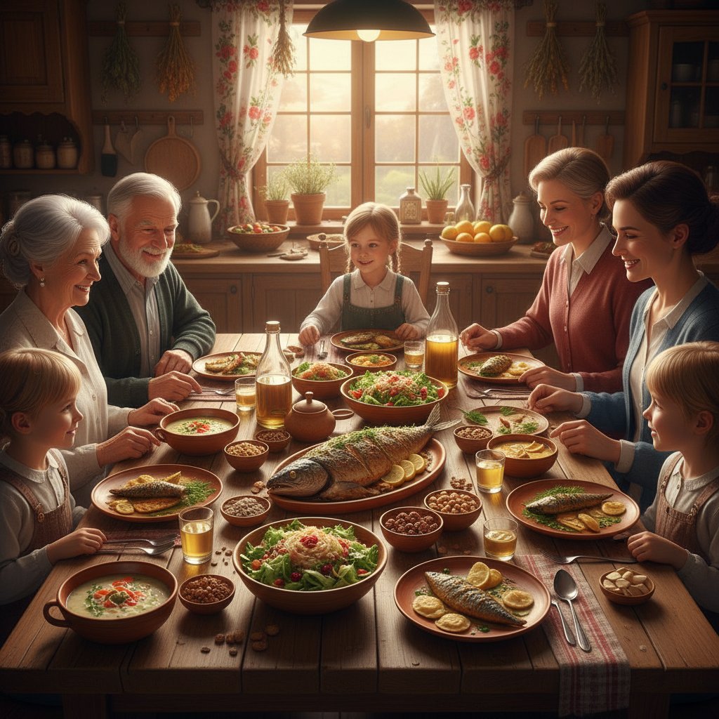 Wielopokoleniowa rodzina przy stole z daniami bogatymi w omega 3, polska atmosfera