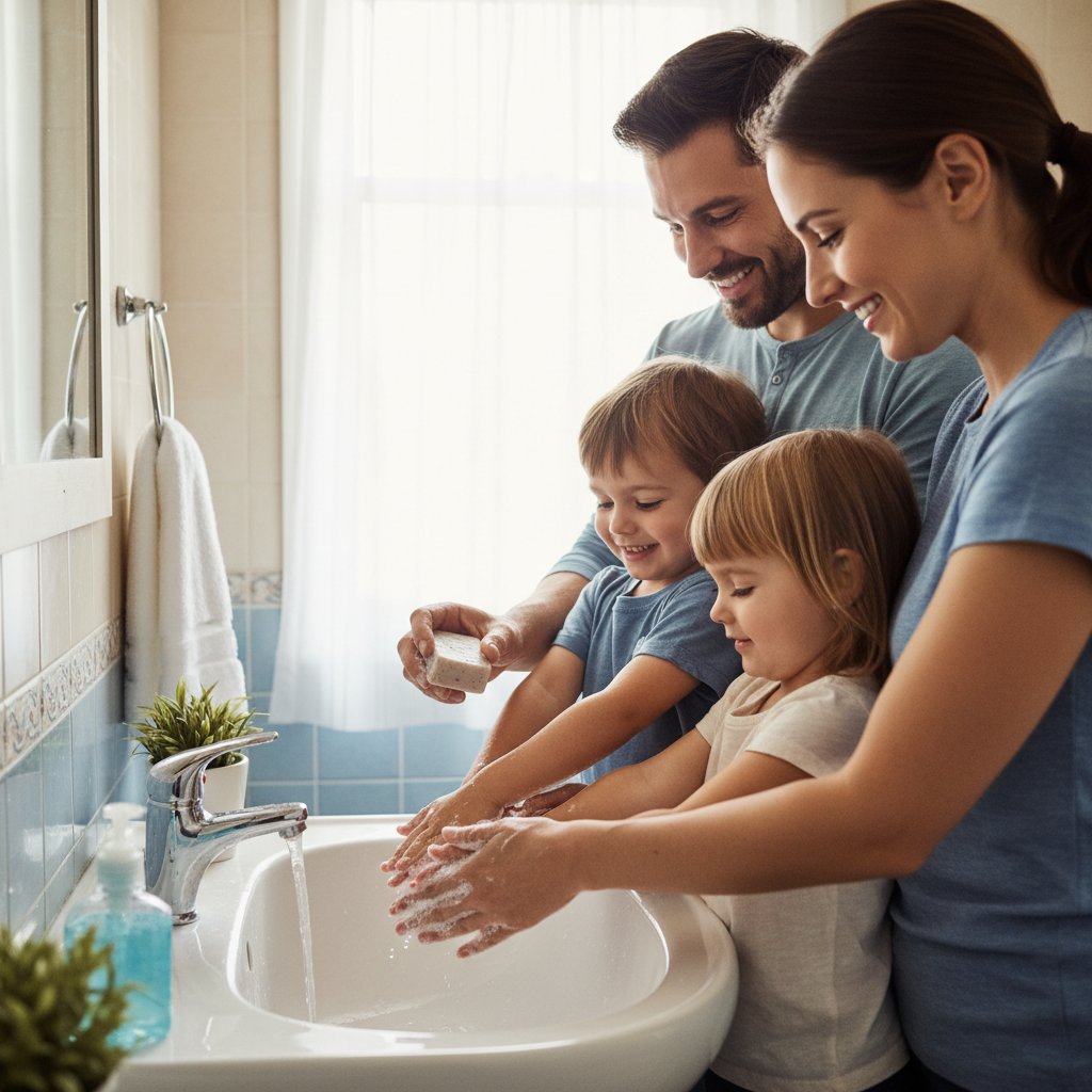 Rodzina myjąca ręce w domowej łazience – symbol codziennej higieny