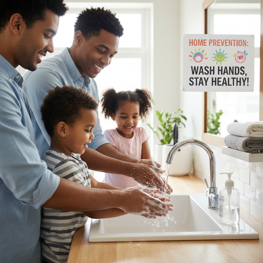 Zdjęcie szczęśliwej rodziny myjącej ręce razem w kuchni – profilaktyka, czerwonka, zdrowie domowe