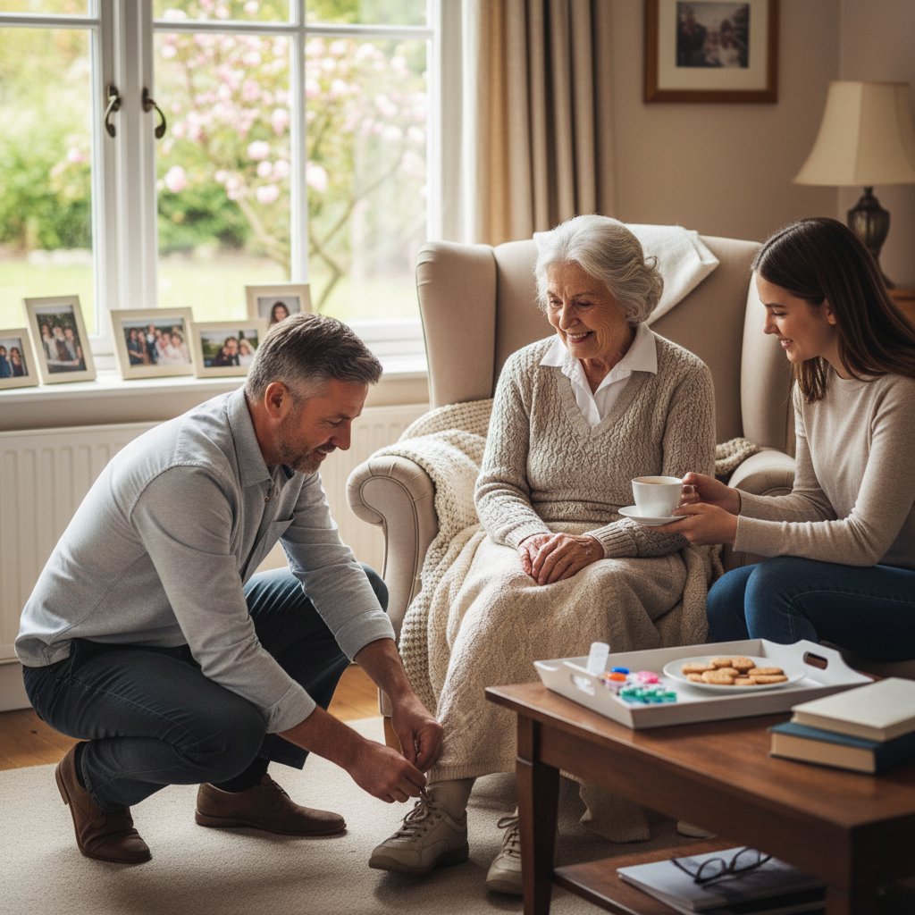 Rodzina pomagająca starszej osobie w codziennych czynnościach domowych