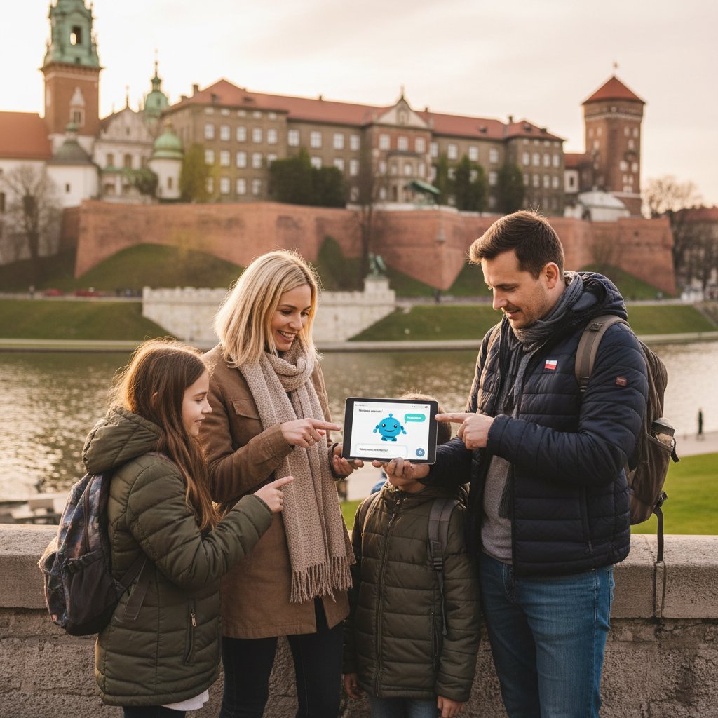 Rodzina korzystająca z trzech różnych chatbotów AI na wakacjach w Polsce, wspólna analiza ekranu