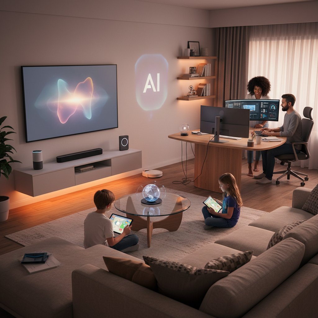 Rodzina w domu, korzystająca z różnych urządzeń AI, dzieci z tabletem, rodzice przy komputerze