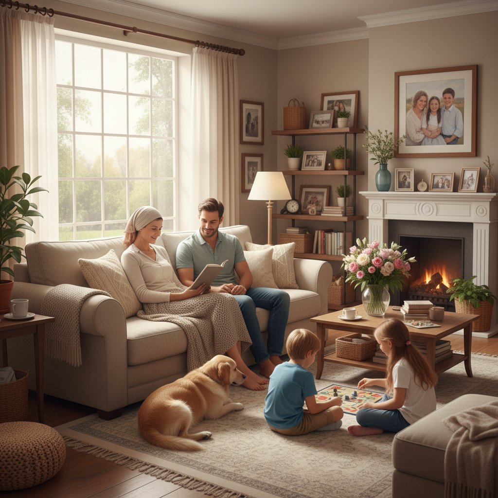 Zdjęcie pacjenta z rodziną w domu po leczeniu CAR-T; emocje radości i wdzięczności, powrót do życia