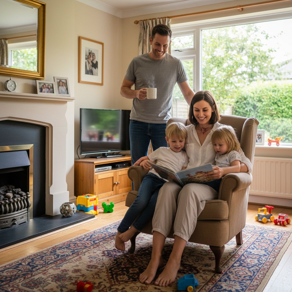 Rodzina spędzająca wspólnie czas w domu, osoba po operacji kręgosłupa z uśmiechem wykonuje codzienne czynności