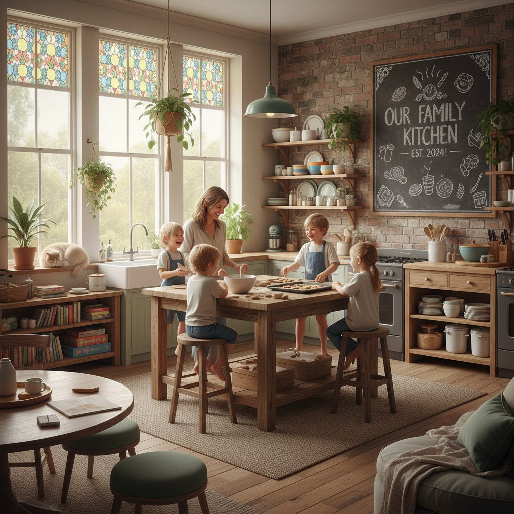 Rodzina z dziećmi w hostelu, wspólna kuchnia, dzieci rysują przy stole