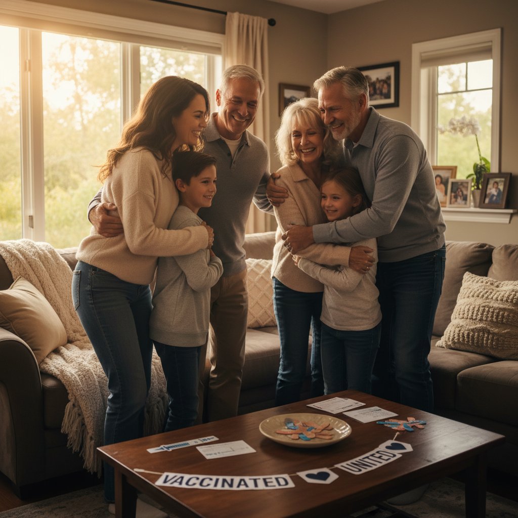 Zdjęcie rodziny obejmującej się w domu po szczepieniu, symbolizujące bezpieczeństwo
