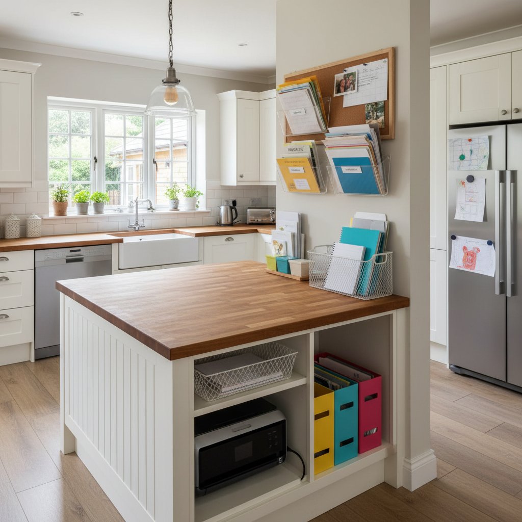 Home paperwork organizer in a kitchen setting, paperwork organization for families and small businesses