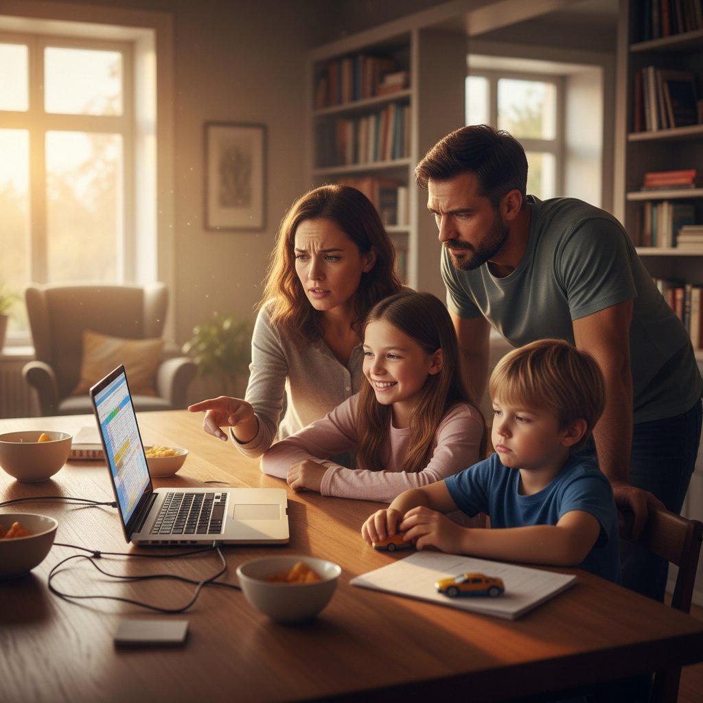 Rodzina wspólnie uczestnicząca w nauce online