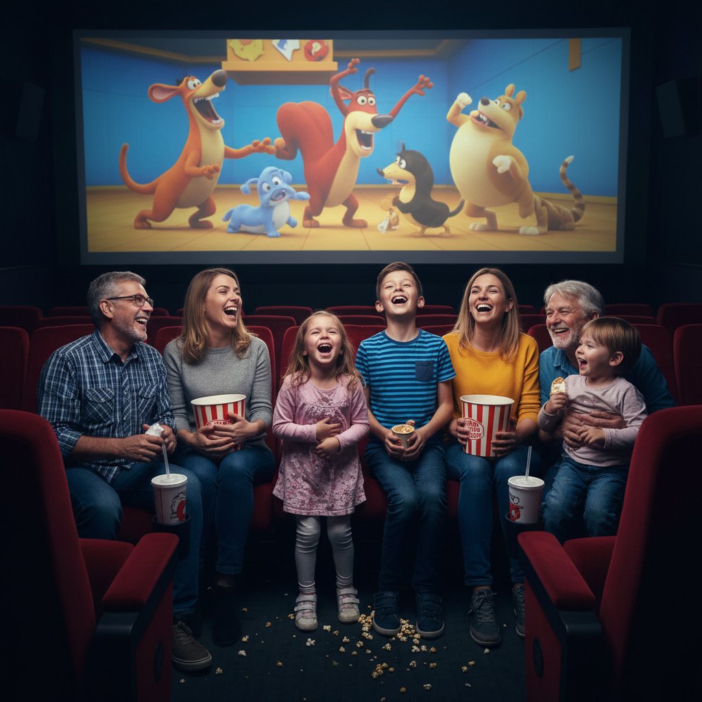 Family of all ages enjoying a kids' comedy film together, representing the shared joy of movie kids comedy cinema