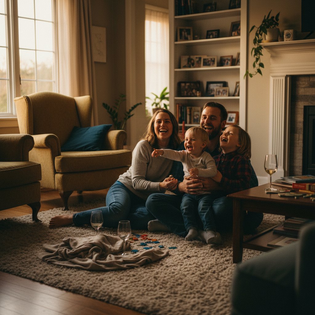 Family bonding after parents reconnect: warm, candid shot of a family laughing at home, evening light