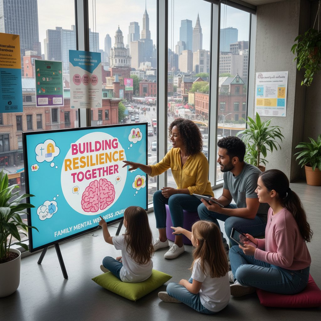 Familie mit Migrationshintergrund lernt gemeinsam über mentale Gesundheit