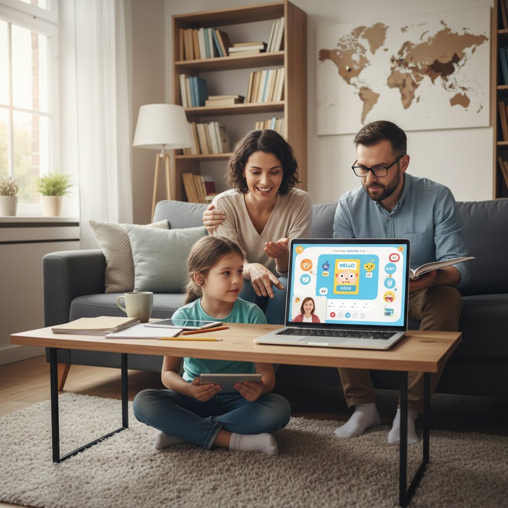 Rodzina podczas wspólnej nauki angielskiego online w domu