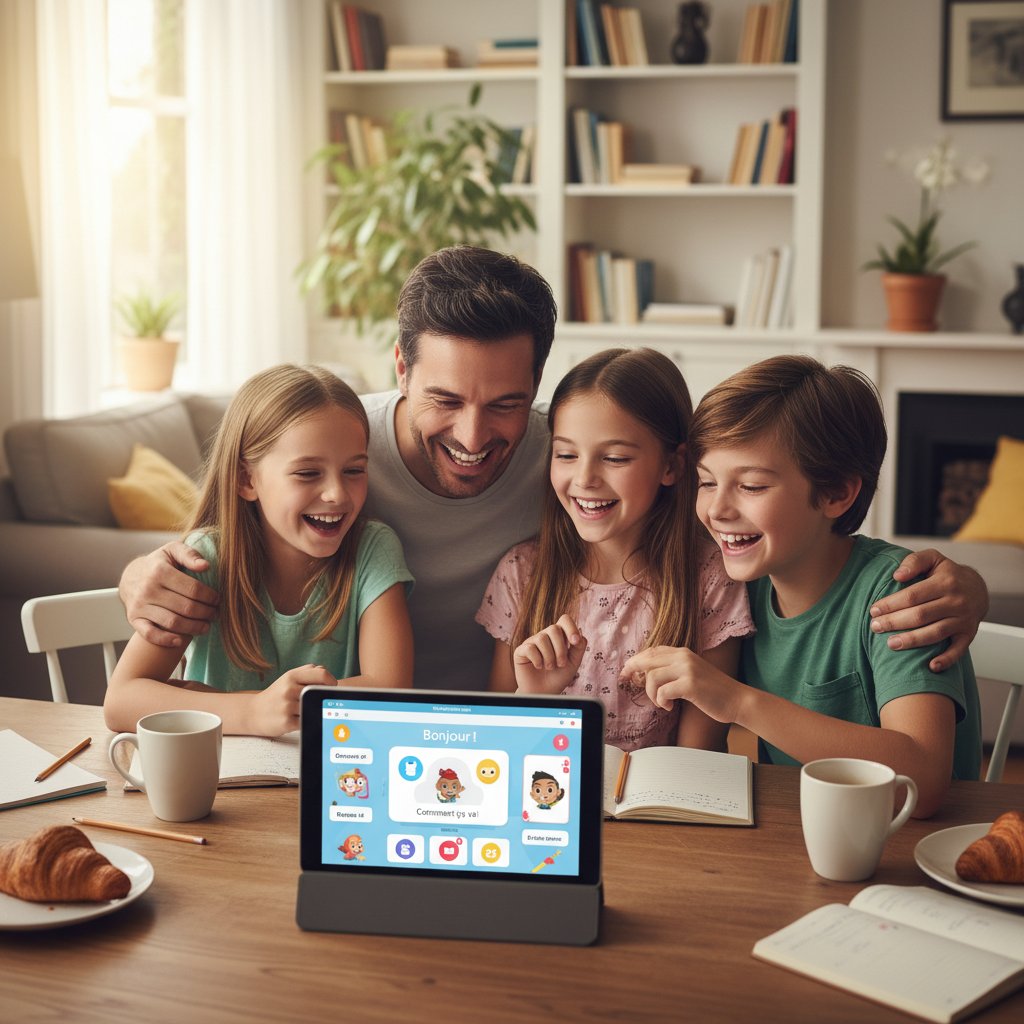 Rodzina wspólnie ucząca się francuskiego online, tablet, domowy stół, uśmiech