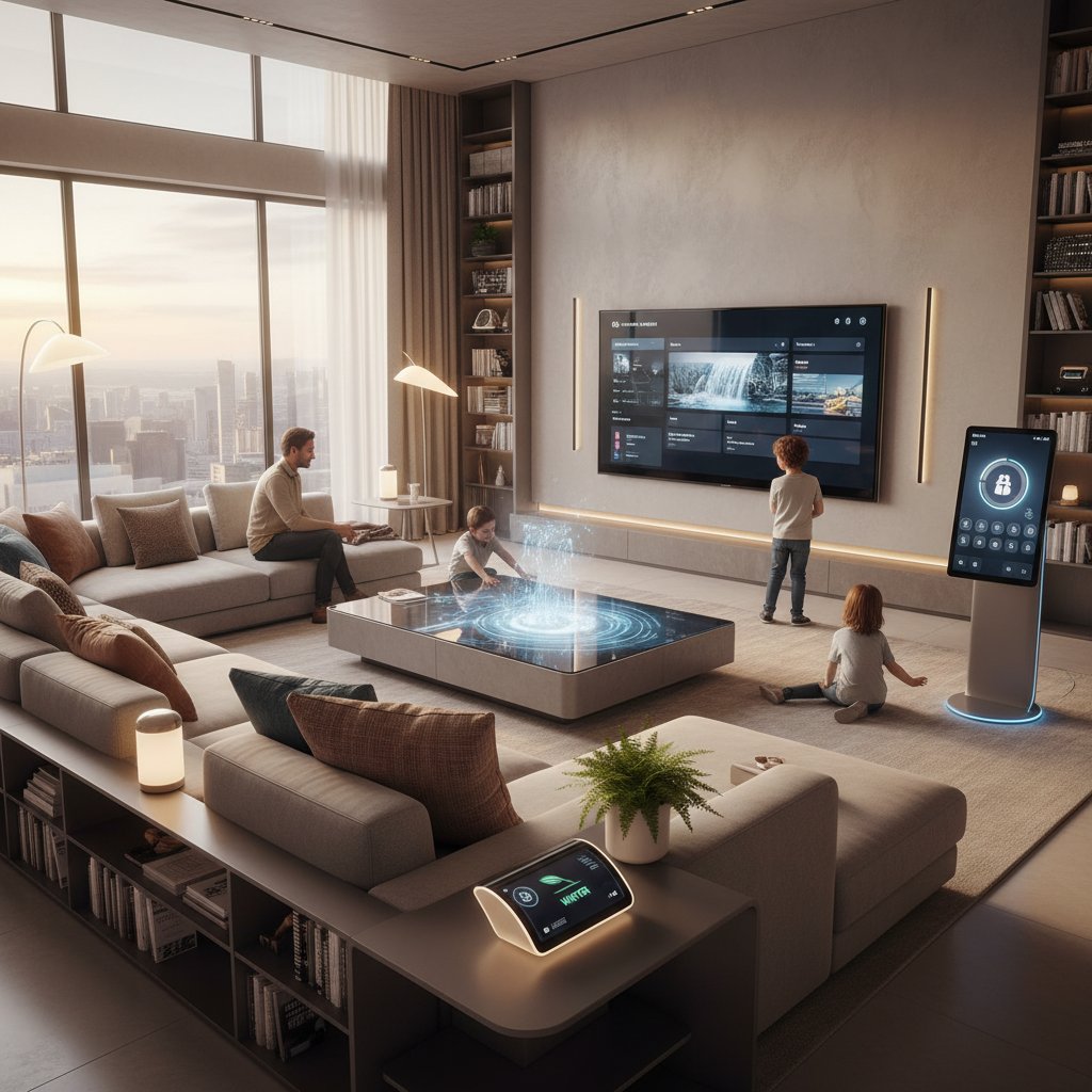 Rodzina w salonie, każdy wpatrzony w swoje urządzenie, na ekranie widoczne elementy AI, atmosfera dystansu