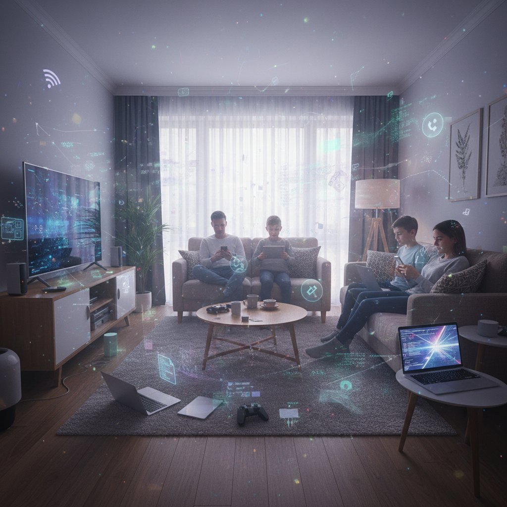 Family at home with hidden indoor air pollution visualized through digital overlays