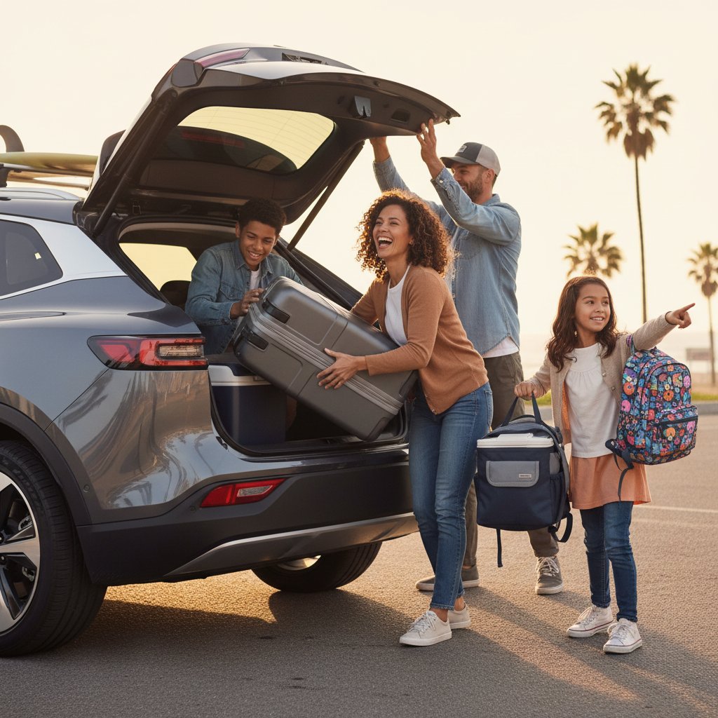 Family loading gear into 2024 SUV, candid action