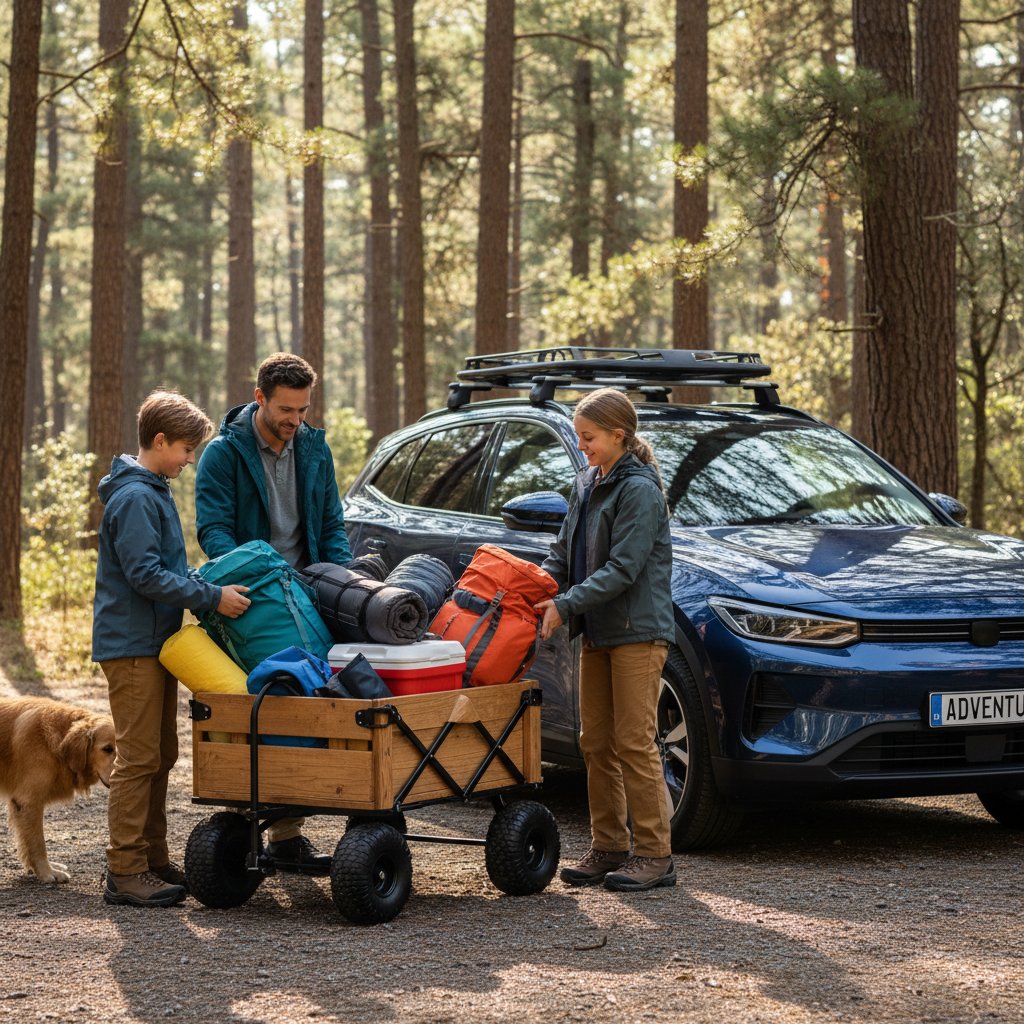 Family with bikes and gear loading into a stylish wagon. Alt: Parents and children packing outdoor gear into a modern family wagon, best cars for young families.