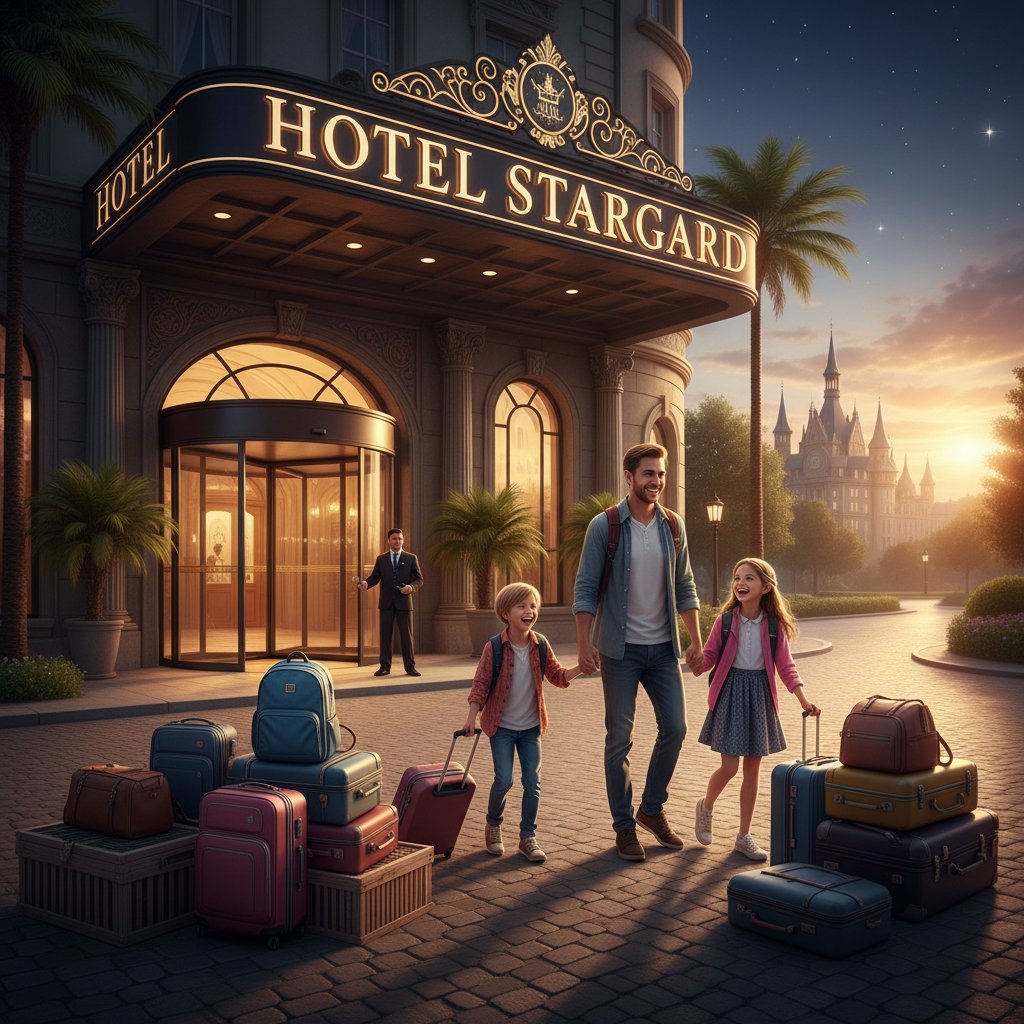 Rodzina z bagażami przed wejściem do apartamentu w Stargardzie, radosna atmosfera