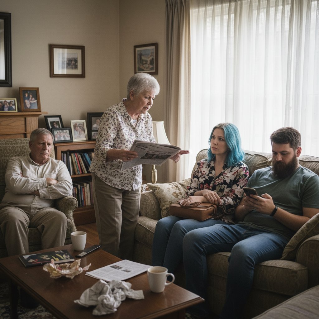 Rodzinna rozmowa o zasadach korzystania z internetu, widoczna napięta atmosfera pokoleniowa