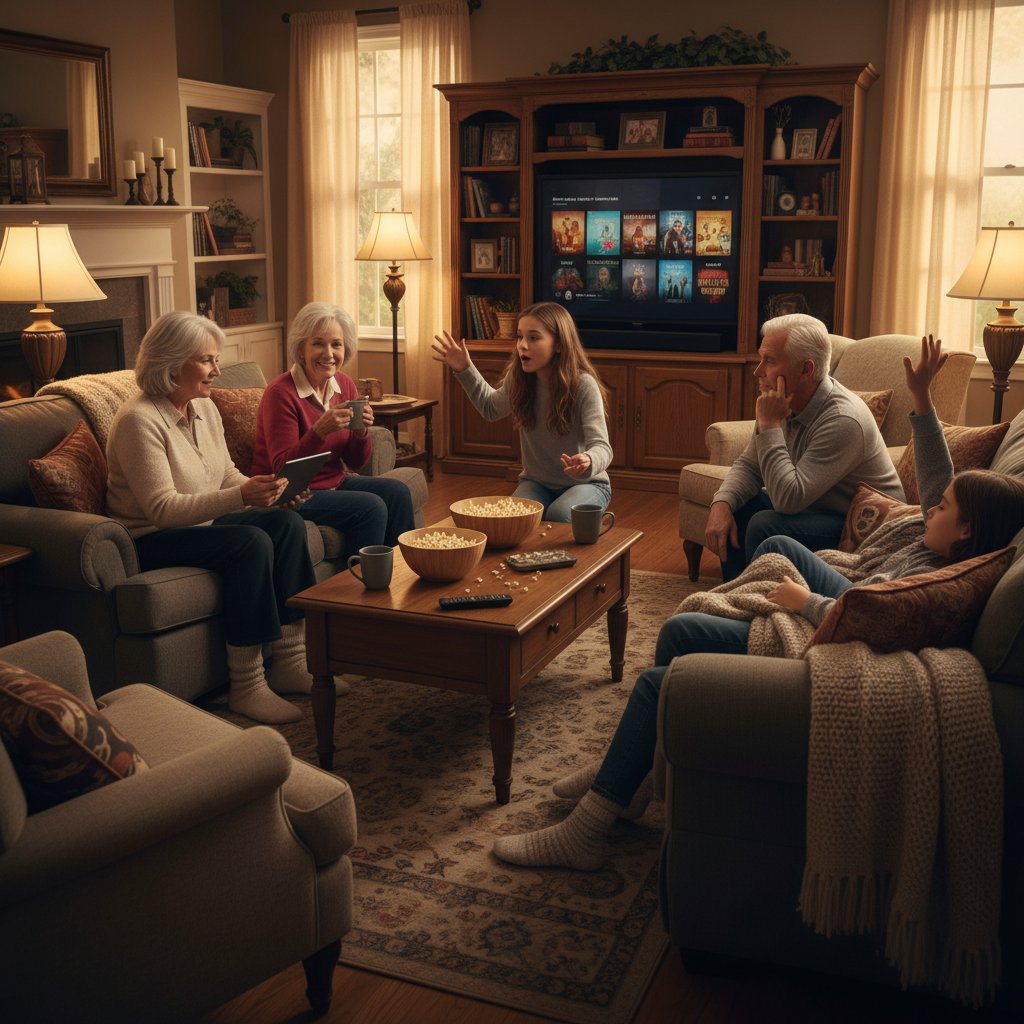 A multigenerational family discussing movie options for a drama night at home