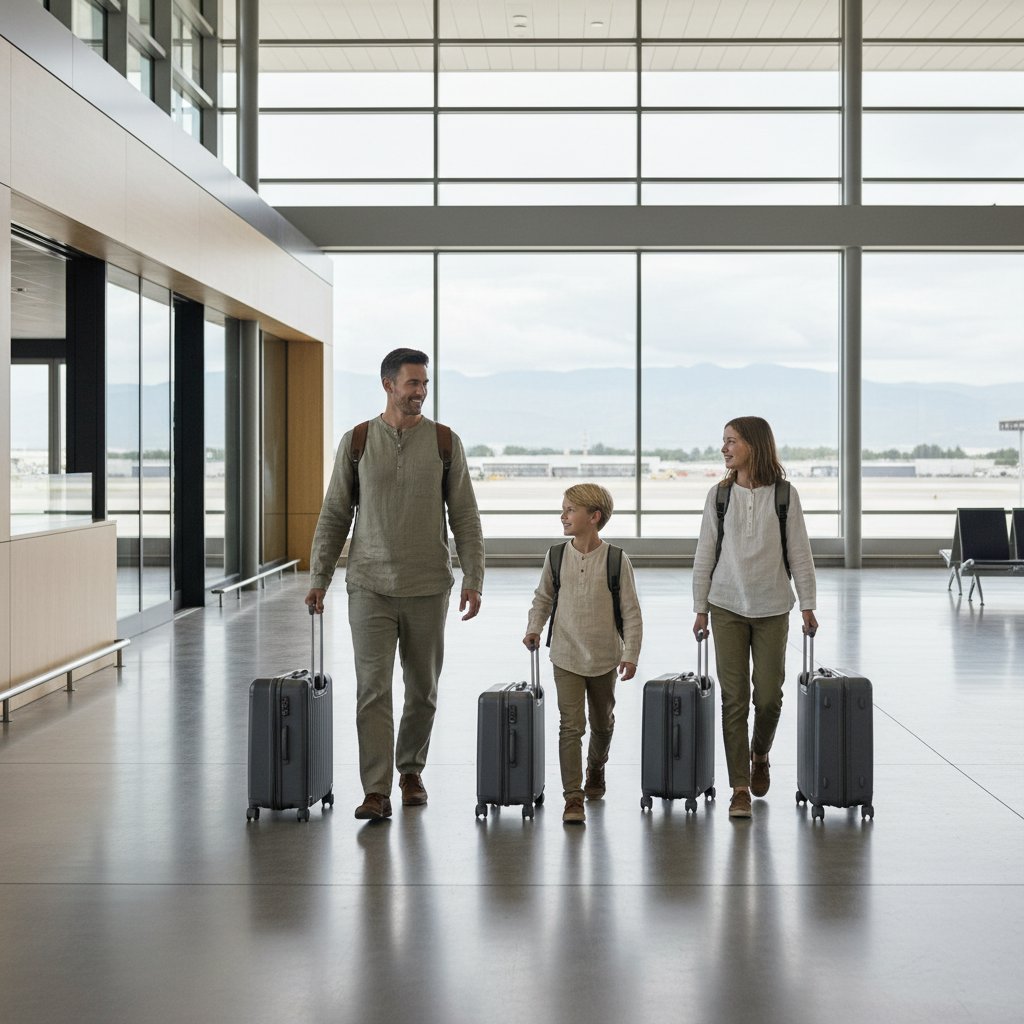 Family with minimalist bags versus overpacked solo traveler, contrasting travel styles shaped by baggage rules