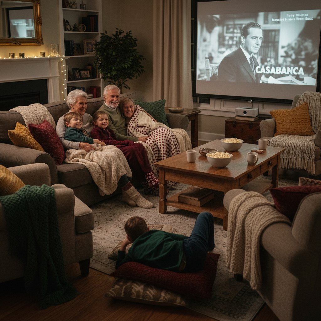 Multi-generational family enjoying a classic film, soft lighting, cozy blankets, grandparents and kids