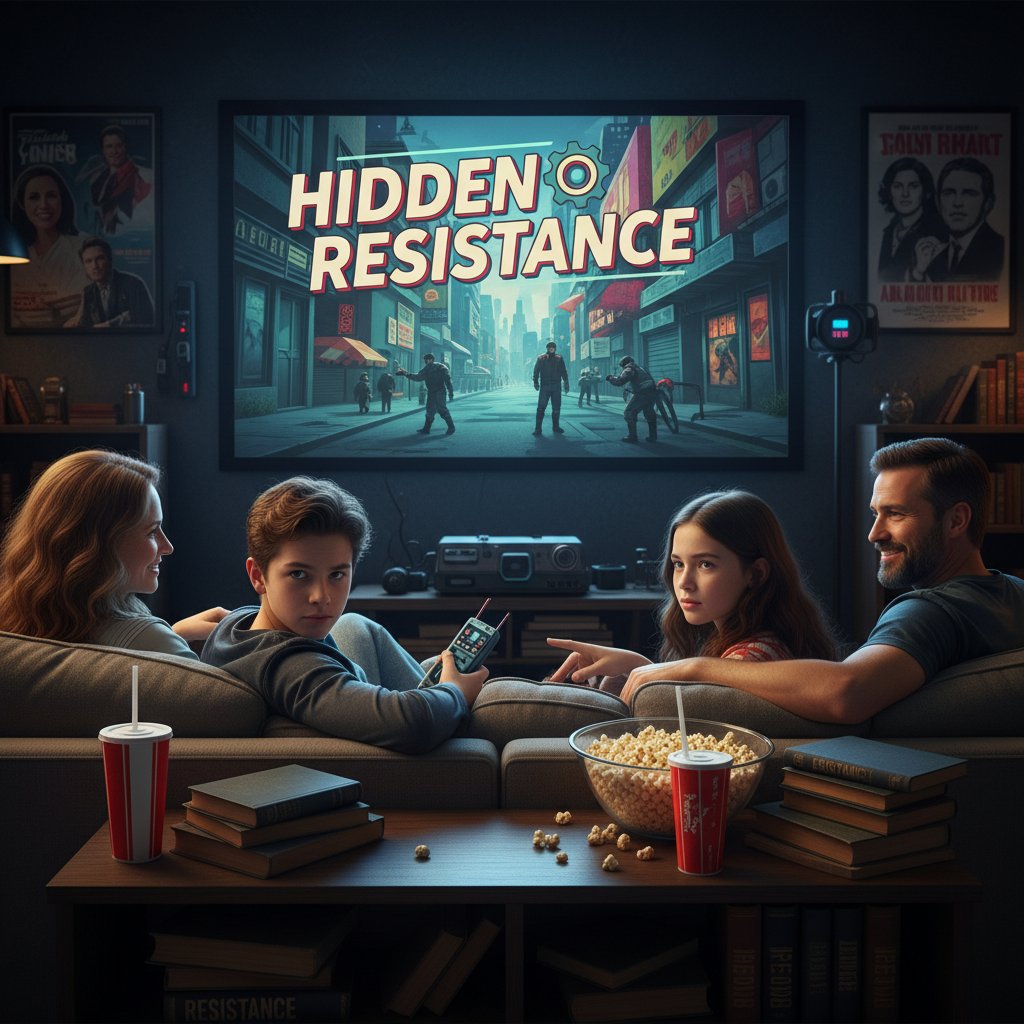 A dramatic photo of a family watching a tense movie at home, symbolizing hidden resistance themes in everyday genres