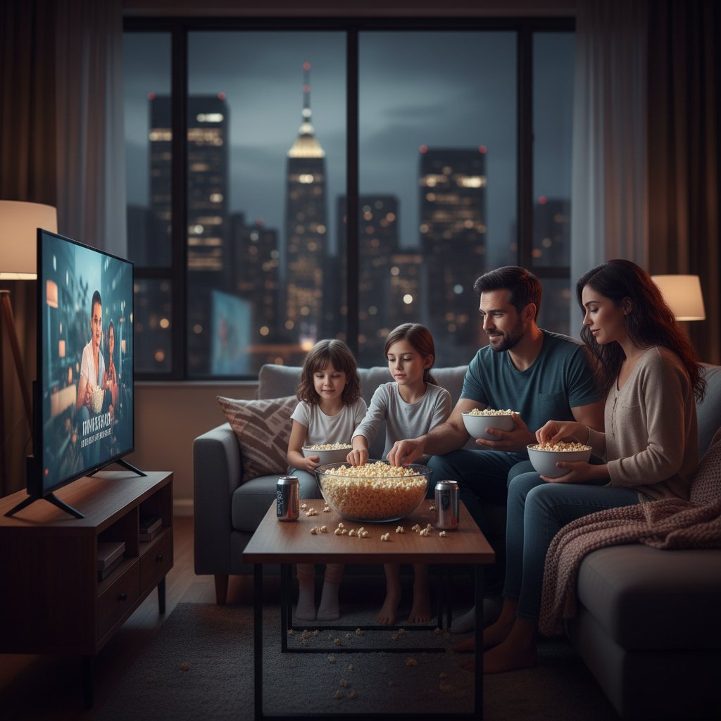 Family sharing popcorn during movie night in a city apartment, cinematic shot with TV glow, urban setting