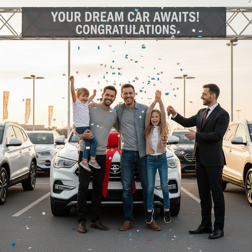 Happy family celebrating new car purchase on dealership lot, lifestyle scene, triumphant mood