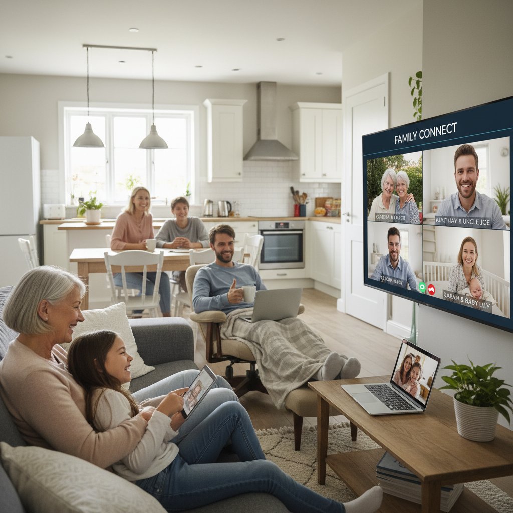 Rodzina rozmawia online, różne pokolenia, domowa atmosfera relaksu