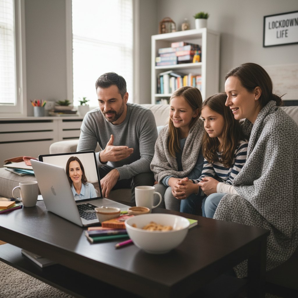 Nowoczesna rodzina korzystająca z terapii online w domowym salonie, elementy lockdownu