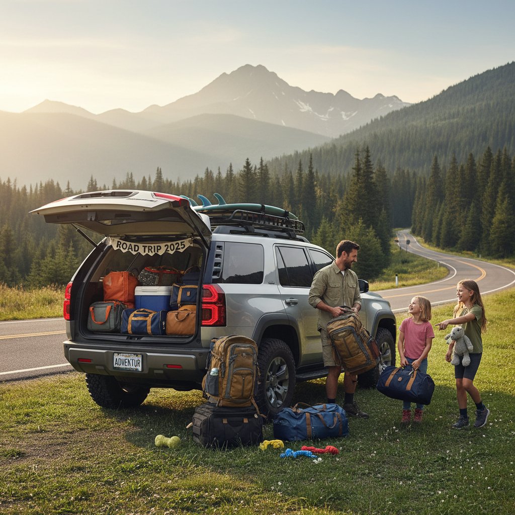 Family packing 2025 SUV for adventure, loaded with luggage, smiling kids, open trunk