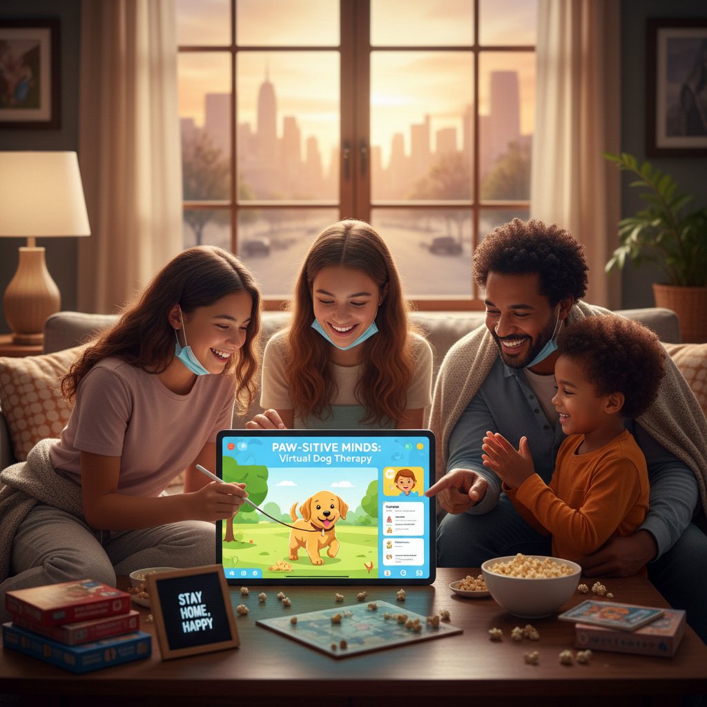 Rodzina przy komputerze w czasie pandemii, na ekranie aplikacja z wirtualnym psem terapeutycznym