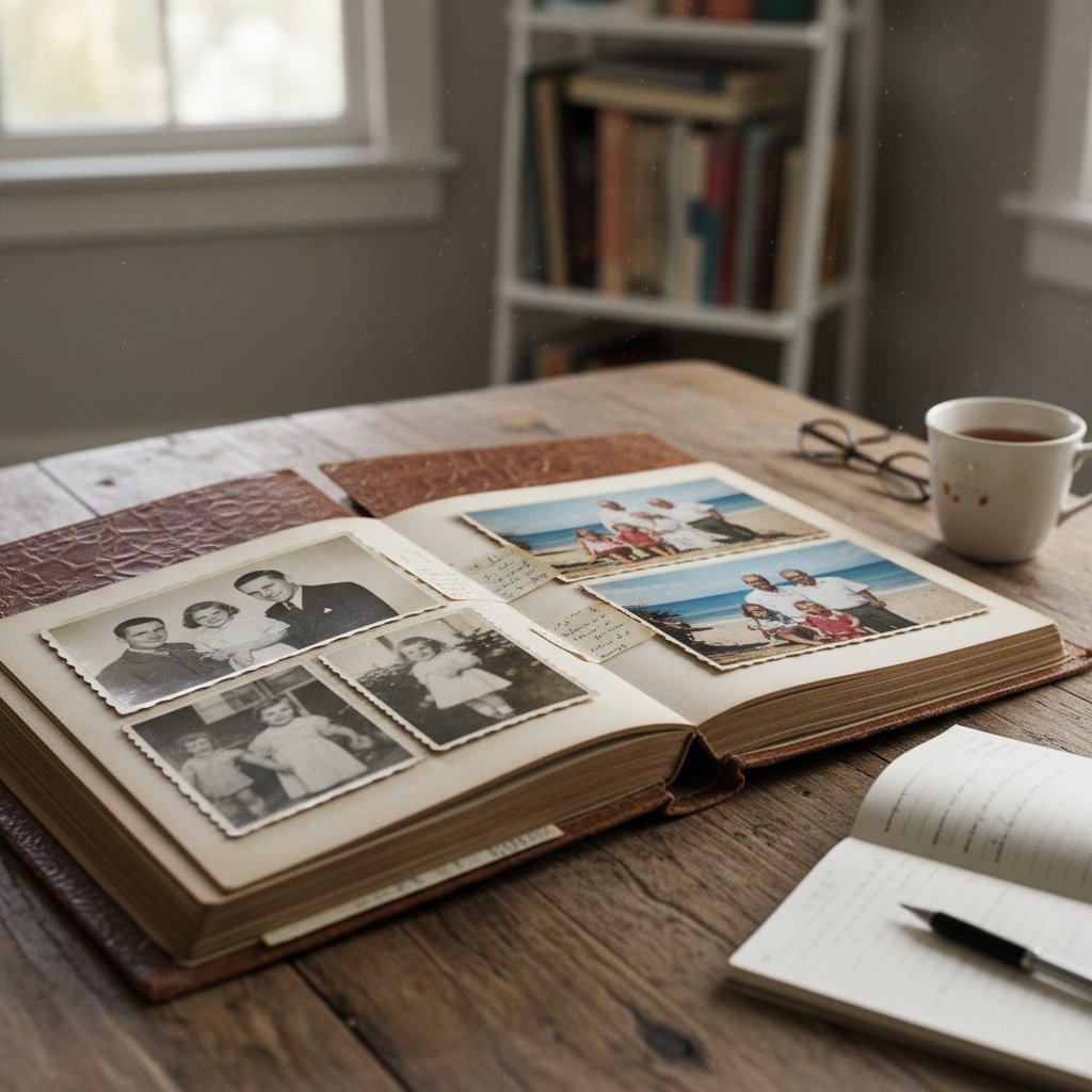 Dokumentalne zdjęcie albumów rodzinnych rozłożonych na stole, symbolizujące różnorodność historii rodzin patchworkowych