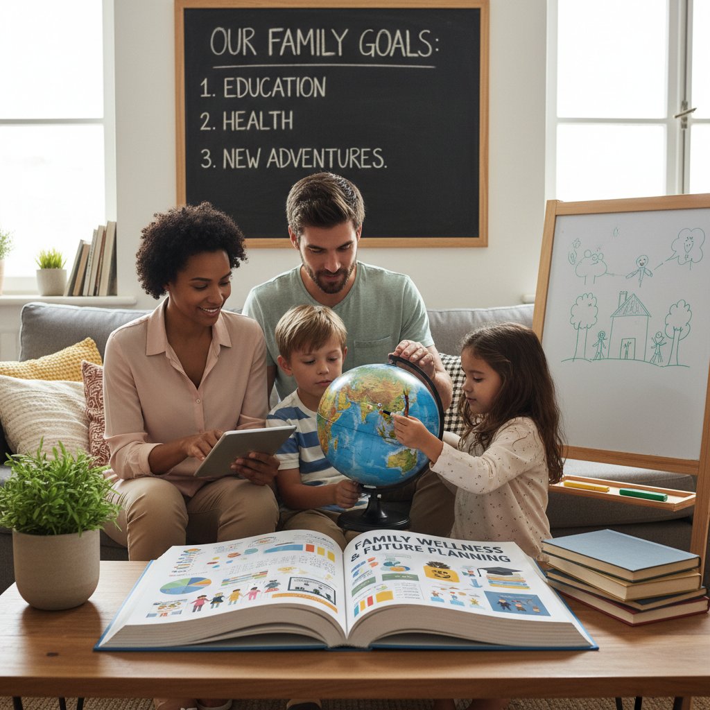 Rodzina wspólnie planująca codzienne aktywności edukacyjne w wygodnym, przyjaznym domu