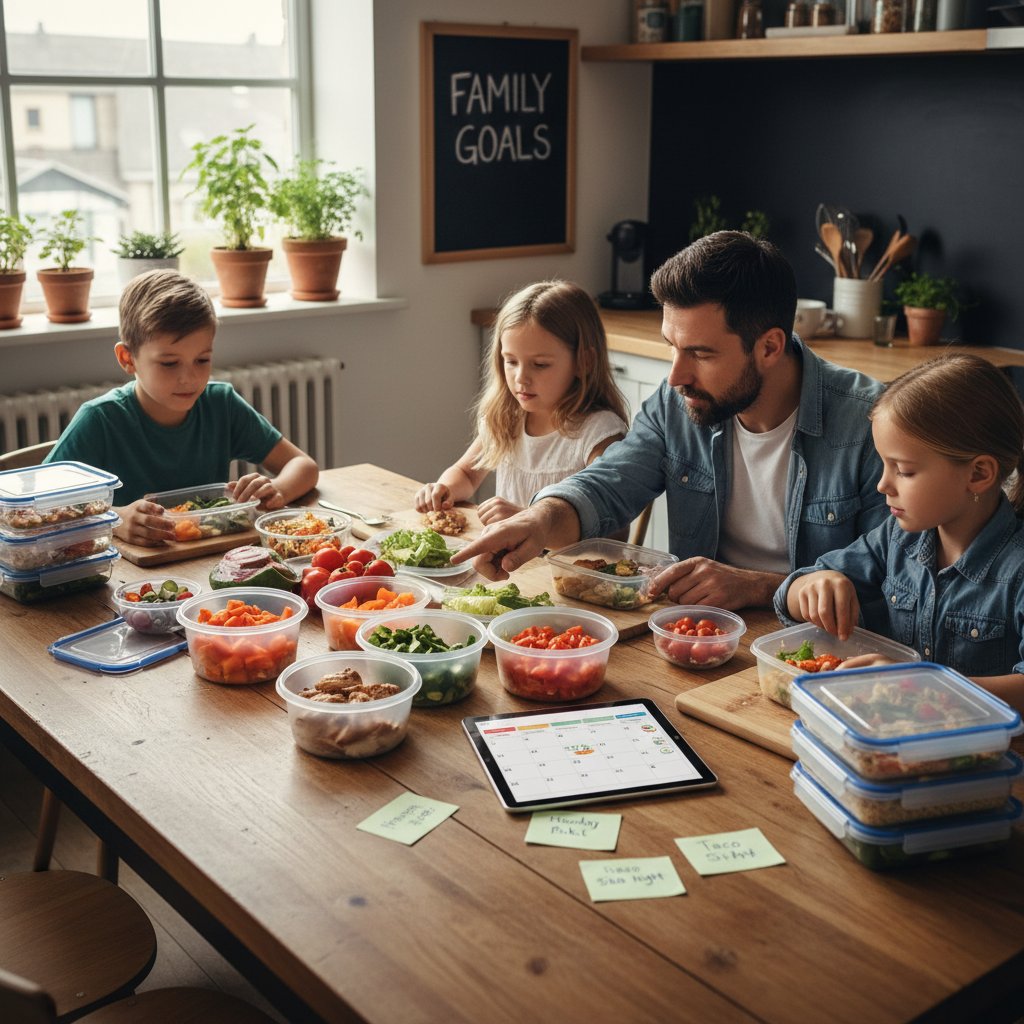 Rodzina wspólnie planująca posiłki przy kuchennym stole, notatki i tablet