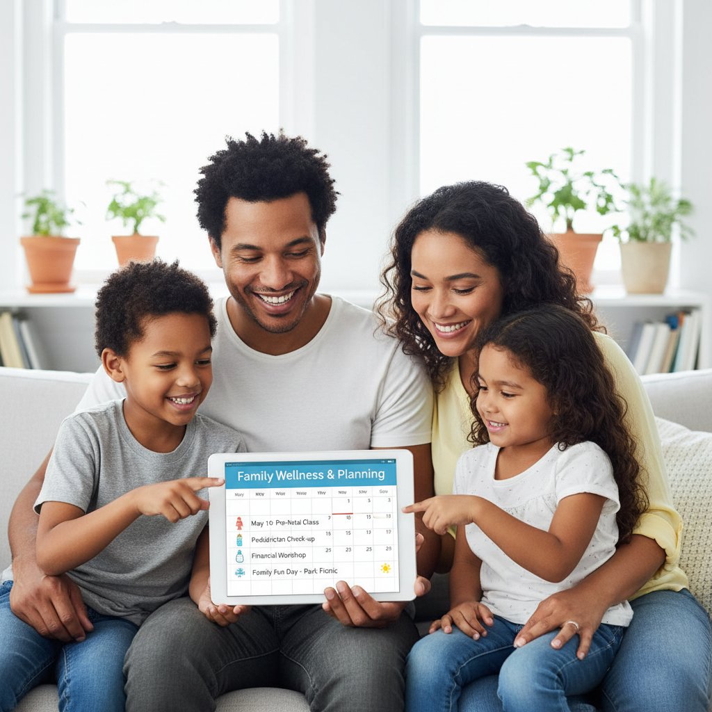 Rodzina planująca wspólne wydarzenia w kalendarzu online na tablecie
