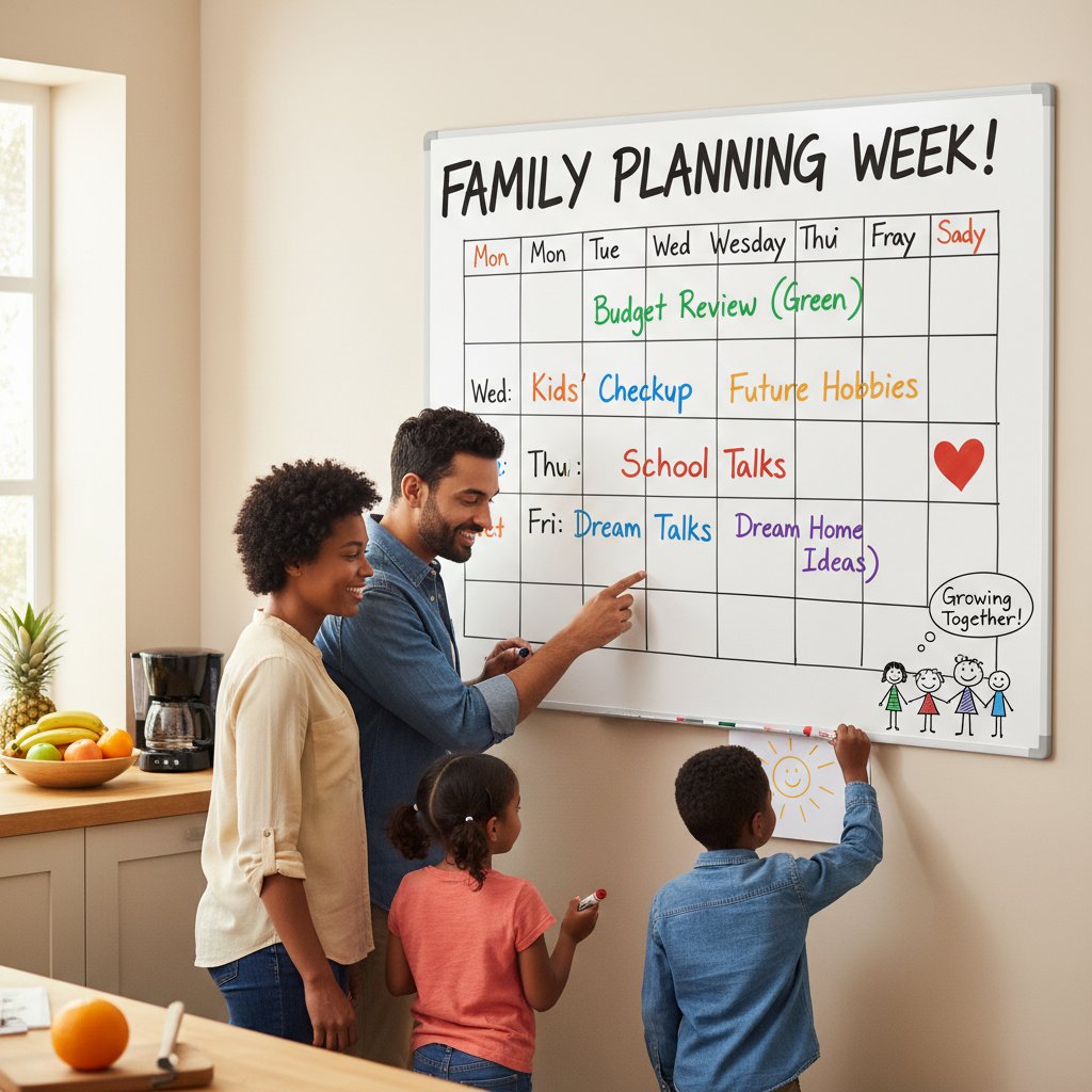 Rodzina wspólnie planująca tydzień na dużej tablicy w kuchni, symbolizująca planowanie w codziennym życiu