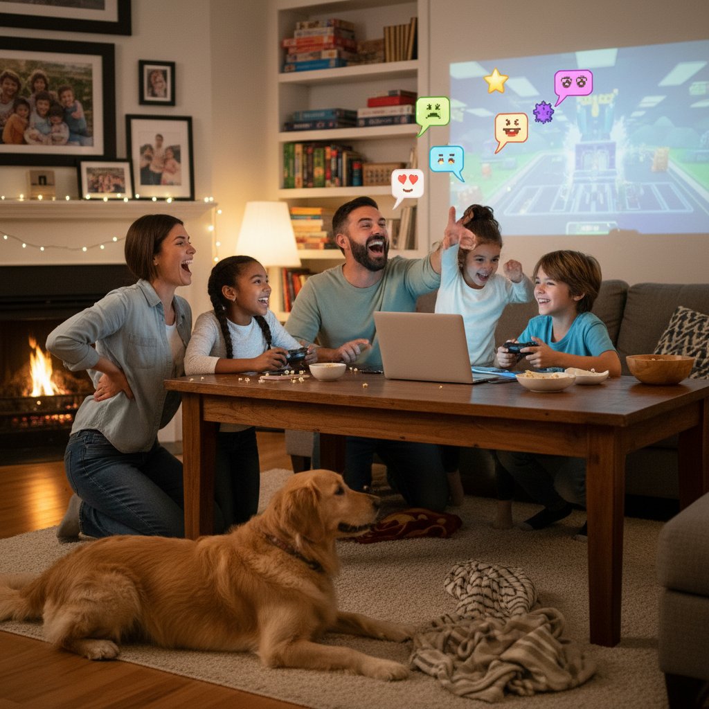 Rodzina grająca razem w grę pies online, dzieląc się śmiechem i emocjami