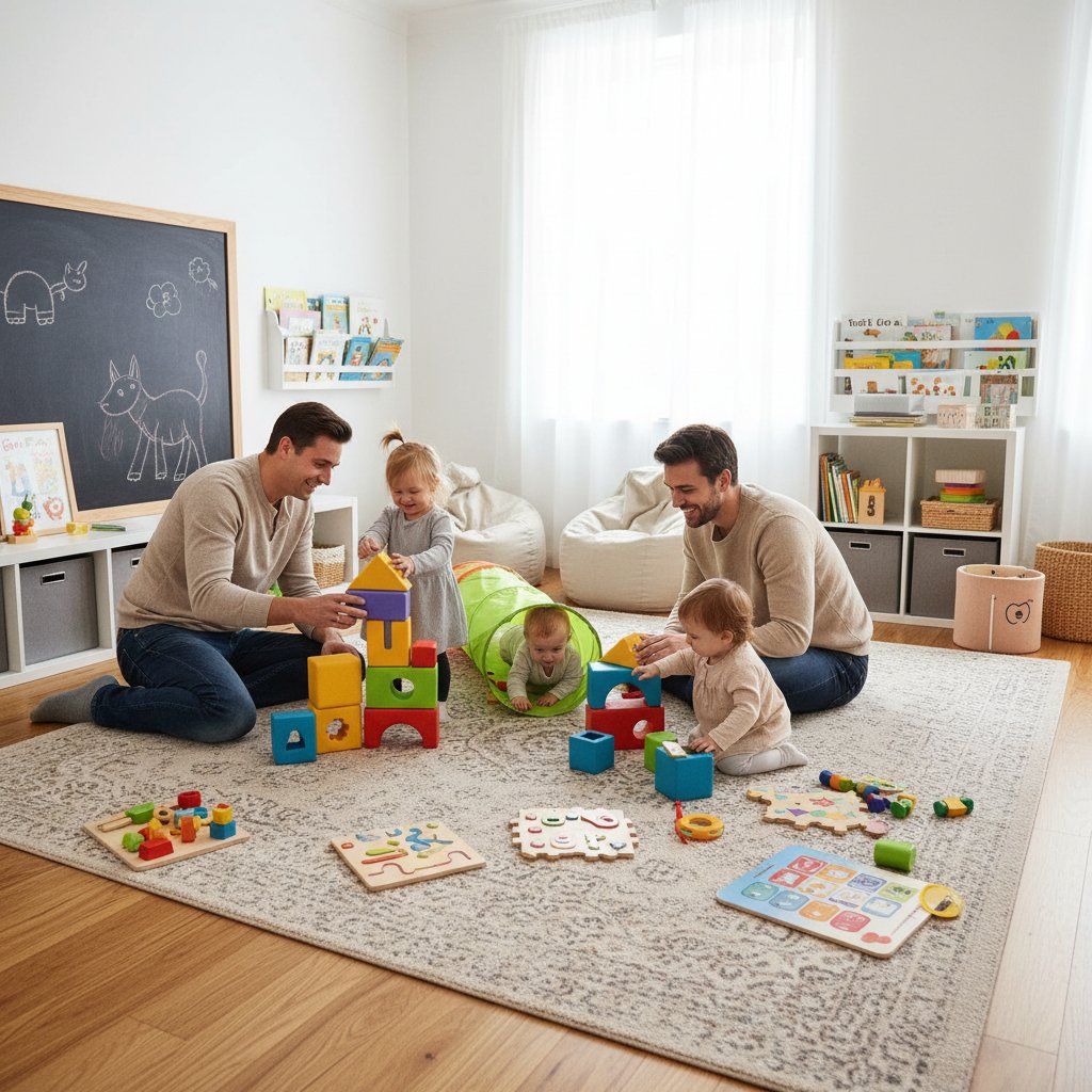 Rodzina bawiąca się na podłodze, wspierająca rozwój poprzez zabawę