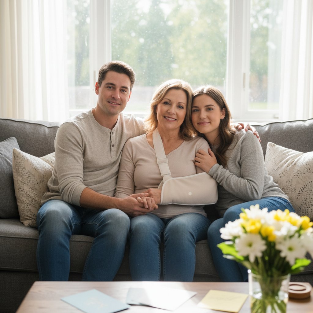 Rodzinna scena po zabiegu, pozytywna atmosfera, domowy salon