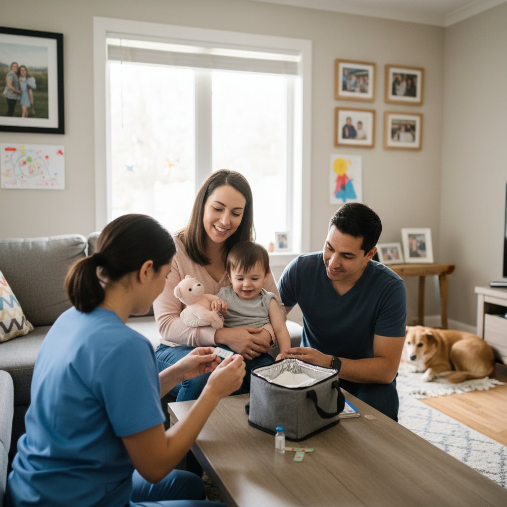 Rodzina przygotowująca dziecko do szczepienia w domowym, przyjaznym otoczeniu