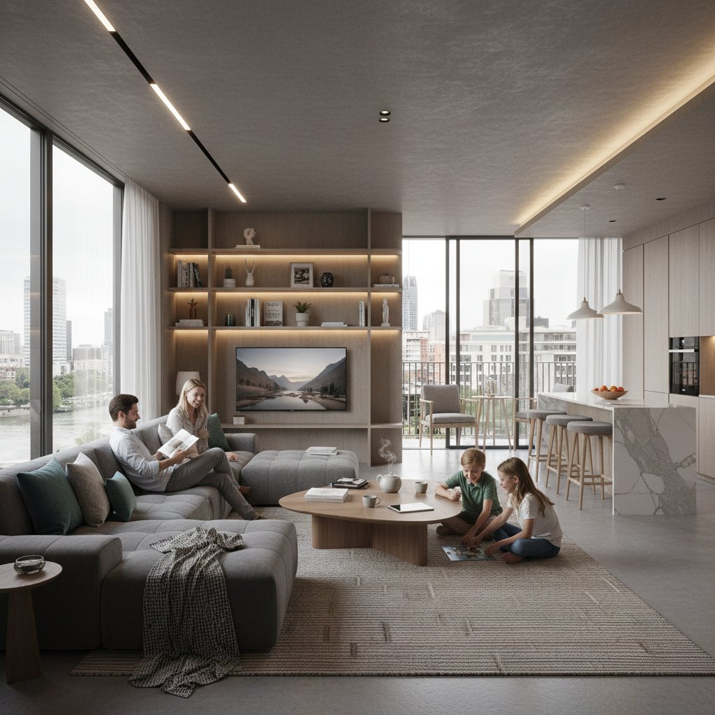 Rodzina odpoczywająca w nowoczesnym apartamencie, alternatywa dla hotelu 5*