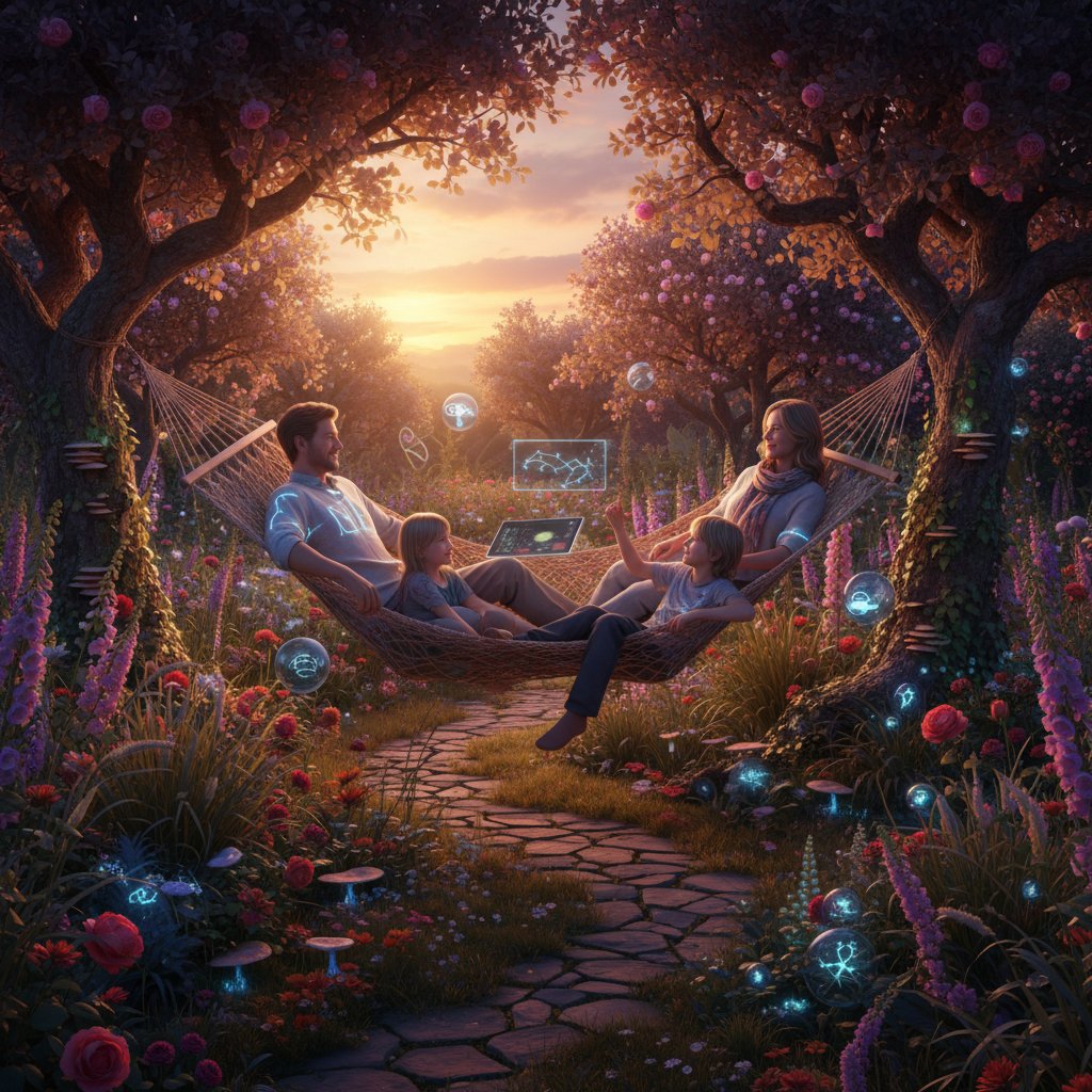 Rodzina odpoczywająca w ogrodzie bezobsługowym z naturalną roślinnością