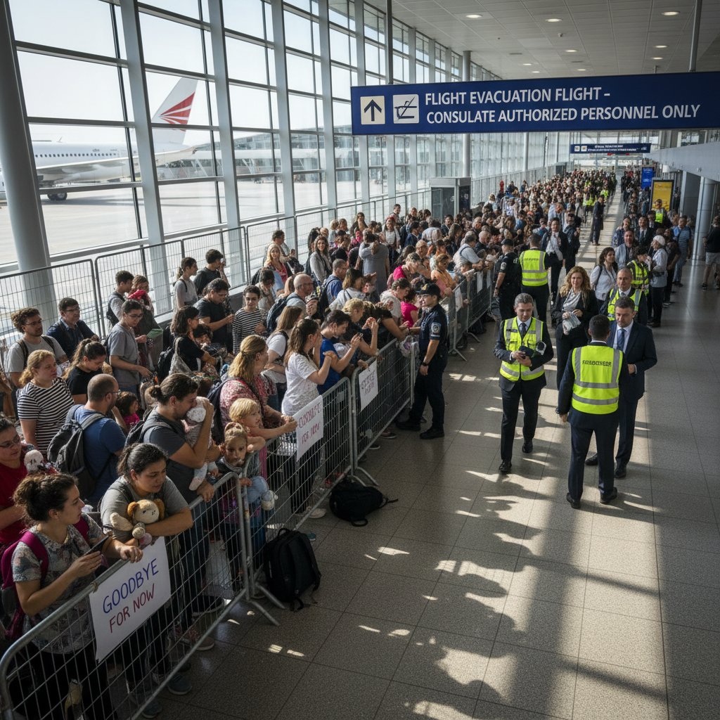 Family separated at airport, emotional farewells during consulate evacuation flight