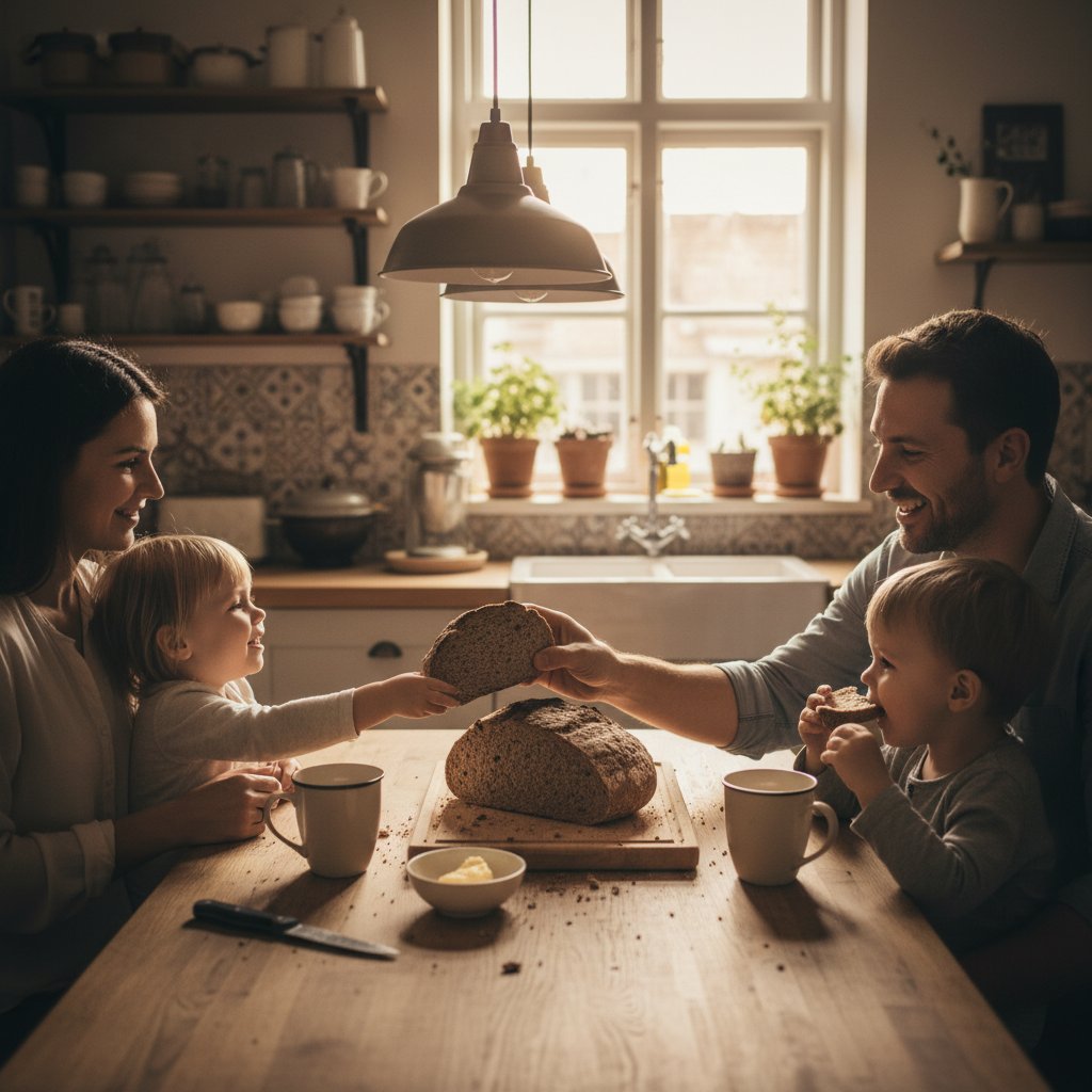 Domowa kuchnia – rodzina dzieli się świeżym chlebem żytniowym