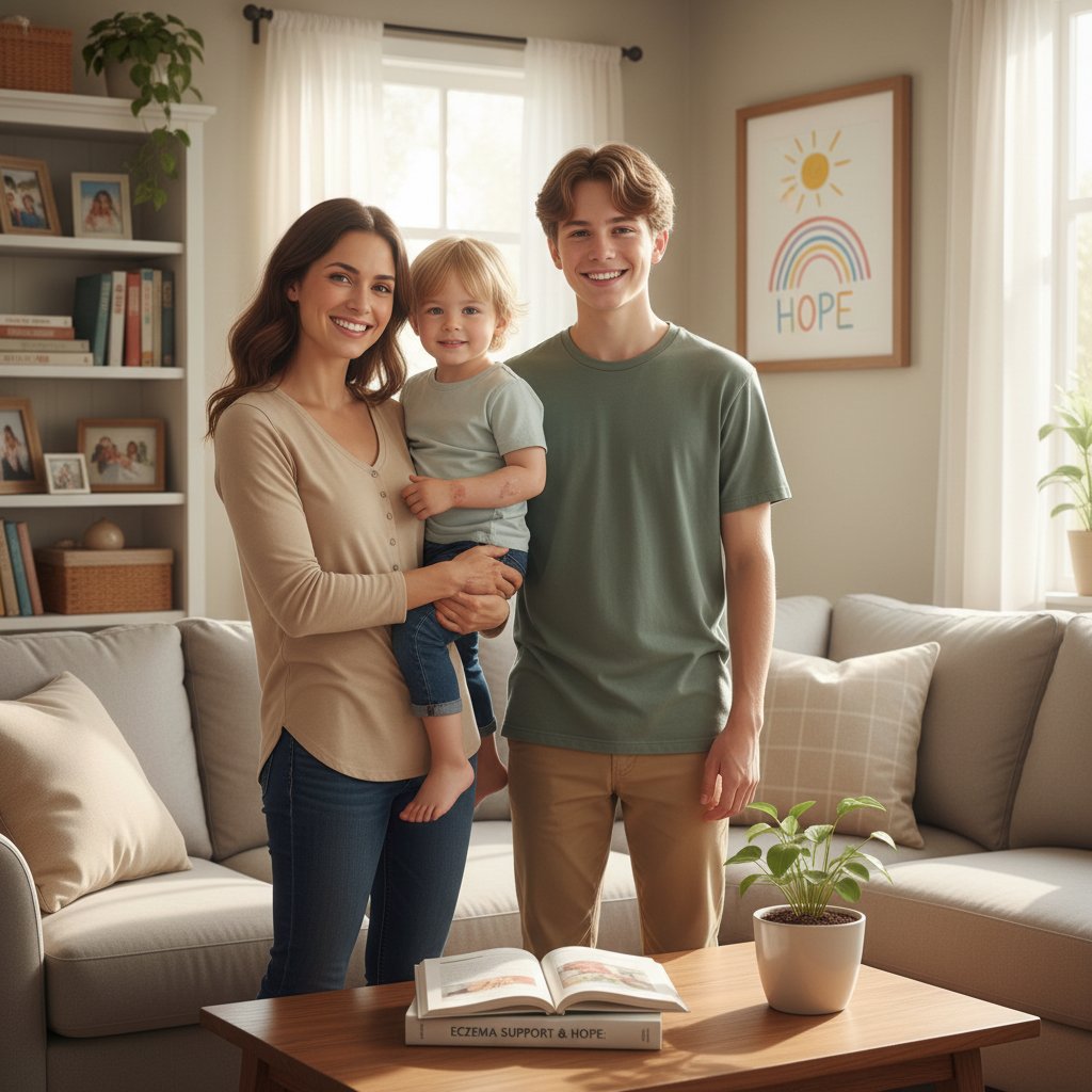 Rodzina uśmiechnięta mimo trudności, wsparcie i nadzieja, domowa scena